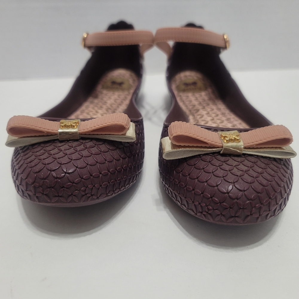 Zaxy Plum Colored Mary Jane Jelly Flats With Gold/light Pink Bows Sz7 - Picture 4 of 12